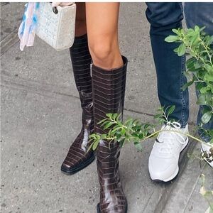 Zara Dark Brown Croc Embossed Knee-High Boots